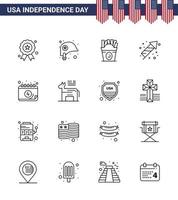 glücklicher unabhängigkeitstag paket mit 16 zeilen zeichen und symbole für kalender feiertag frise feuerwerk feier editierbare usa tag vektor design elemente