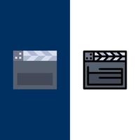 amerikanischer film usa video symbole flach und linie gefüllt icon set vektor blauen hintergrund
