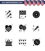 Happy Independence Day Pack mit 9 soliden Glyphenzeichen und Symbolen für Tagesballons amerikanisches usa-Herz editierbare usa-Tag-Vektordesign-Elemente vektor