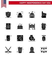 Packung mit 16 kreativen USA-Unabhängigkeitstag-bezogenen soliden Glyphen von Musiktrommelschaum Handdemokratische Erklärung editierbare USA-Tag-Vektordesign-Elemente vektor