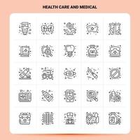 Umriss 25 Gesundheitswesen und Medizin Icon Set Vektor Linienstil Design schwarze Icons Set lineares Piktogramm Pack Web und mobile Geschäftsideen Design Vektor Illustration