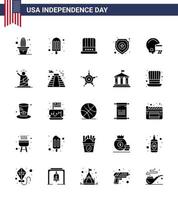 Lycklig oberoende dag USA packa av 25 kreativ fast glyf av hjälm amerikan keps tecken polis redigerbar USA dag vektor design element