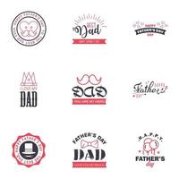 9 schwarze und rosa Reihe von Vektor Happy Fathers Day Typografie Vintage Icons Schriftzug für Grußkarten Banner T-Shirt Design Vatertag editierbare Vektordesign-Elemente