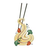 Nudeln mit Lachs und Brokkoli. geeignet für Restaurantbanner, Logos und Fast-Food-Werbung. koreanisches oder chinesisches essen. asiatisches Essen. vektor