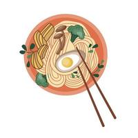 Udon- oder Ramen-Suppe. Aufkleber für asiatisches Essen. Nudeln mit Ei, Huhn und Brokkoli. geeignet für Restaurantbanner, Logos und Fast-Food-Werbung. koreanisches oder chinesisches essen. vektor