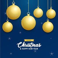 weihnachtsblauer hintergrund mit hängenden glänzenden goldenen kugeln. frohe weihnachten grußkarte. Feiertagsweihnachts- und Neujahrsplakat. Web-Banner vektor