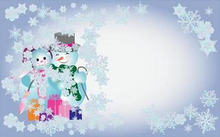 Weihnachtskarte. ein paar schneemänner mit weihnachtsgeschenkboxen, die von fliegenden schneeflocken umgeben sind vektor