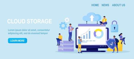 IT-Spezialisten verwalten Cloud-Service, Datenspeicherung. Hosting-Plattform. große Datenverarbeitung, Übertragung. Online-Computing-Technologie. Softwarelösungen zum Teilen von Informationen in digitalen Netzen vektor