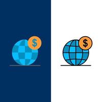 Dollar Global Business Globus internationale Symbole flach und Linie gefüllt Icon Set Vektor blauen Hintergrund