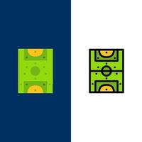 Unterhaltungsspiel Fußballfeld Symbole flach und Linie gefüllt Icon Set Vektor blauen Hintergrund