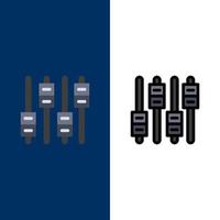 Equalizer-Sound-Audio-Lautstärke-Symbole flach und Linie gefüllt Icon Set Vektor blauen Hintergrund