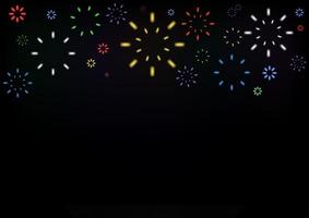 leuchtend buntes Feuerwerk in der Abenddämmerung. funkelndes Feuerwerk festlich, Feiertagskarnevals-Kracher-Explosionsknall und abstrakter Ausbruch im Nachthimmel für Glückwunschkartendesign. vektor