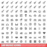 100 musikikoner set, konturstil vektor