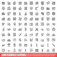 100 familjeikoner set, konturstil vektor