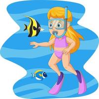Cartoon kleines Mädchen unter Wasser mit tropischen Fischen vektor