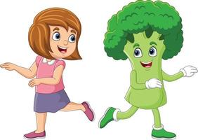 tecknad serie liten flicka med med broccoli maskot karaktär vektor