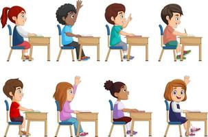Gruppe von Schulkindern, die an Klassenzimmerbänken sitzen vektor