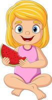 tecknad serie liten flicka innehav vattenmelon skiva vektor