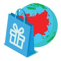 Kaufen Sie den isometrischen Vektor des weltweiten Symbols. Einkaufstasche auf Globus-Symbol-Hintergrund