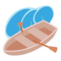 Ruderboot-Symbol isometrischer Vektor. hölzernes fischerboot mit paddel- und seewellenikone vektor
