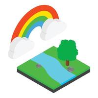 Isometrischer Vektor des Regenbogenlandschaftssymbols. Heller Regenbogen in der Wolke über dem Flusssymbol