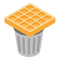 Kochabfall Symbol isometrischer Vektor. Belgische weiche Waffel auf Metall-Mülleimer-Symbol vektor