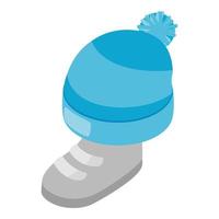 Winterkleidung Symbol isometrischer Vektor. warme Mütze mit Bubo und sportlichen Winterschuhen vektor