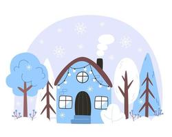 Winterlandschaft mit einem Haus in einem verschneiten Wald vektor
