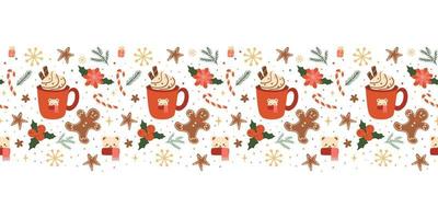 jul varm dryck, pepparkakor sömlös horisontell gräns med röd kopp, mugg, kaffe, kakao, te, jul varm dryck. vektor vinter- säsong upprepa ram. söt jul ny år illustration.