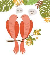 valentines dag fåglar par in i de djungel med text kärlek du isolerat element. romantisk tropisk fåglar, papegojor är bra för st. valentines dag hälsning. vektor illustration av rosa par fåglar