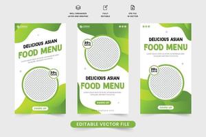 Asian Food Media Story Design mit grünen Farben für das Marketing. spezielle Speisekartendekoration für die Förderung von Restaurantgeschäften. Social-Media-Story-Vorlage für asiatische Lebensmittel mit abstrakten Formen. vektor