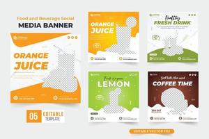 Social-Media-Post-Sammlung für frische und organische Getränke mit orangen und grünen Farben. Web-Banner-Bundle-Design für Werbezwecke für Cafés und Saftbars. spezieller saft- und cocktailschablonensatzvektor. vektor
