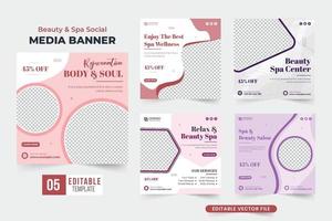 skönhet och spa social media posta uppsättning vektor med rosa och blå färger. modern spa Centrum PR webb baner mall bunt för marknadsföring. kropp behandling företag affisch samling vektor.