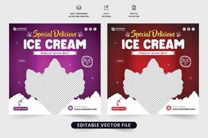 spezielle eisangebotsvorlage mit abstrakten formen. Werbeplakatdesign für süßes und leckeres Eis für das Marketing. leckerer dessert-social-media-web-banner-vektor mit lila und kastanienbraunen farben vektor