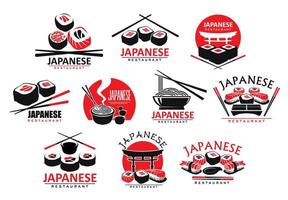 ikonen der japanischen küche mit sushirollen und nudeln vektor