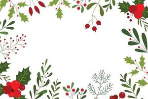 illustration von beeren und blumen für weihnachtsrahmendesign. natürliche hintergründe für plakate, kopierraum und winterfestkarten vektor