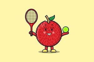 söt tecknad serie litchi karaktär spelar tennis fält vektor