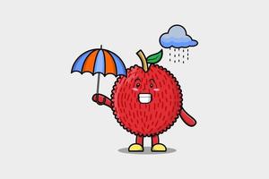 niedliche Cartoon-Litschi im Regen und mit einem Regenschirm vektor
