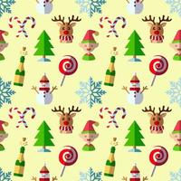 neujahr, feiertag, weihnachtskonzept. nahtloses muster von süß, hirsch, baum, elf, lutscher, champagner, schneeflocke. Perfekt zum Verpacken, Postkarten, Hüllen, Stoff, Textil vektor