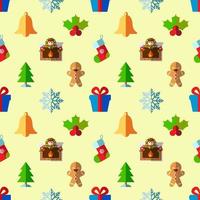 neujahr, feiertag, weihnachtskonzept. Nahtloses Muster aus Glocke, Mistel, Kamin, Ingwermann, Schneeflocke. Perfekt zum Verpacken, Postkarten, Hüllen, Stoff, Textil vektor