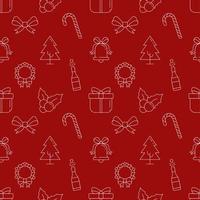 weihnachts- und neujahrskonzept. Nahtloses Vektormuster aus Baum, Champagner, Geschenk auf rotem Hintergrund. Perfekt zum Verpacken, Postkarten, Hüllen, Stoff, Textil vektor