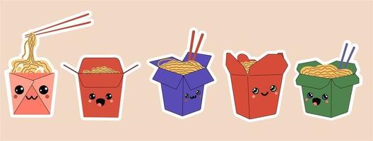 satz asiatischer wok-boxen mit ramen-nudel-zeichentrickfiguren. isolierte Vektor-Ramen-Persönlichkeit. Happy Fast Food positives Emoji, lustige Kawaii-Mahlzeit in Kartonverpackung