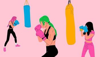 Satz von drei Frauen in Boxhandschuhen, die am Boxsack in Sportbekleidung posieren. Girl-Power-Konzept. Cartoon-Vektor-Illustration vektor