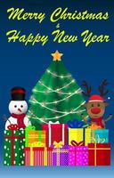 Frohe Weihnachten und ein glückliches Neues Jahr. schneemann rentier überraschen geschenkboxen kiefer und glühen gelber weihnachtstext auf nachtblauem hintergrund. Design für Grußkarten-Banner-Poster im Papierschnitt. vektor