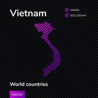 vektor kreative digitale neon flache linie kunst abstrakte einfache karte von vietnam mit violetter, lila, rosa gestreifter textur auf schwarzem hintergrund. bildungsbanner, plakat über vietnam