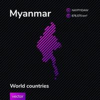 vektor platt Karta av myanmar med violett, lila, rosa randig textur på svart bakgrund. pedagogisk baner, affisch handla om myanmar