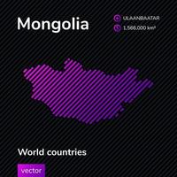 vektor platt Karta av mongoliet med violett, lila, rosa randig textur på svart bakgrund. pedagogisk baner, affisch handla om mongoliet