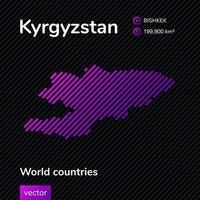 vektor platt Karta av kyrgyzstan med violett, lila, rosa randig textur på svart bakgrund. pedagogisk baner, affisch handla om kyrgyzstan