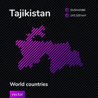 Vektor gestreifte flache Karte von Tadschikistan in violetten Farben auf dem schwarz gestreiften Hintergrund. Bildungsbanner