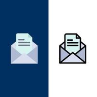 Text-Mail-Bleistift-Icons flach und Linie gefüllt Icon Set Vektor blauen Hintergrund